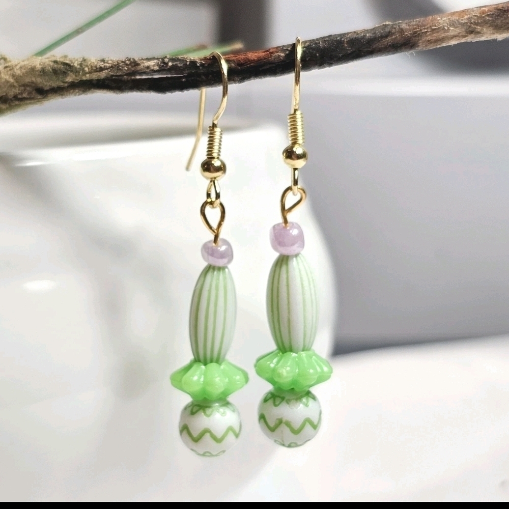 Cute Handmade Green and White Beaded Spring Drop Dangling Earrings